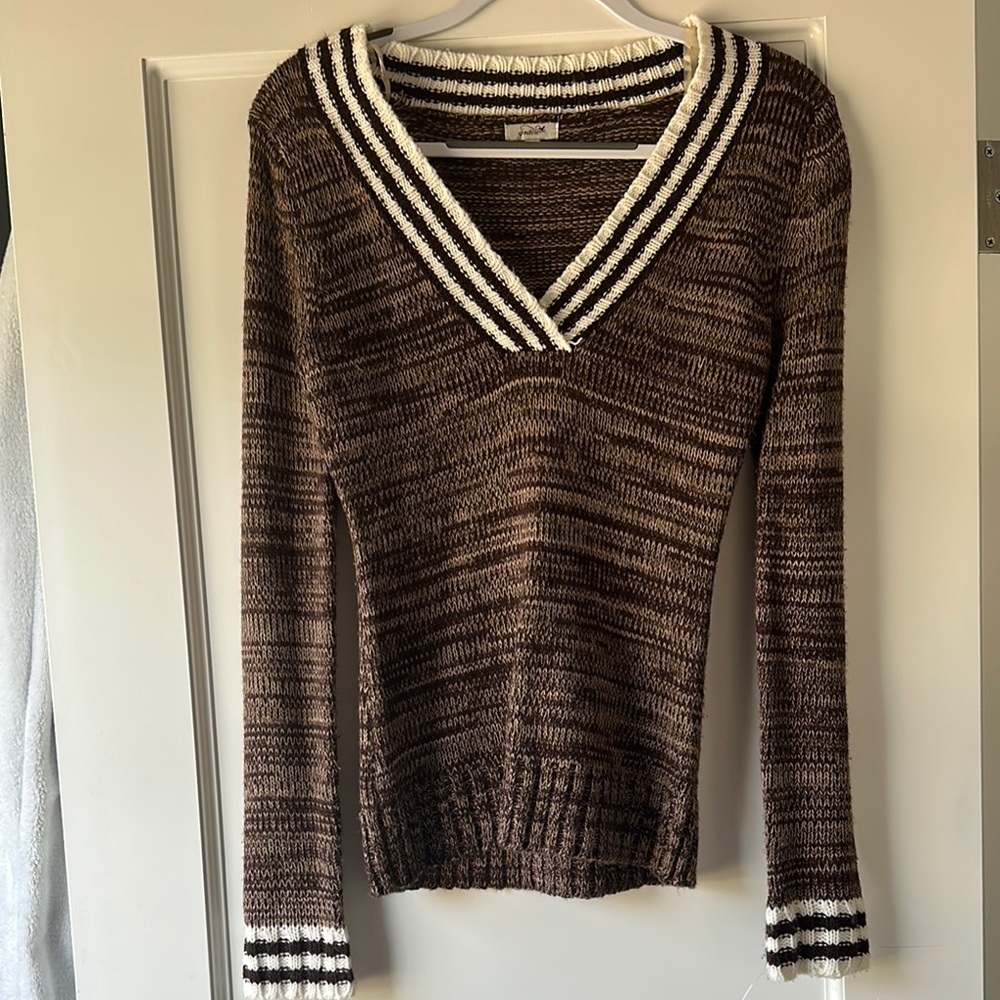 Brown and White V-Neck Sweater
